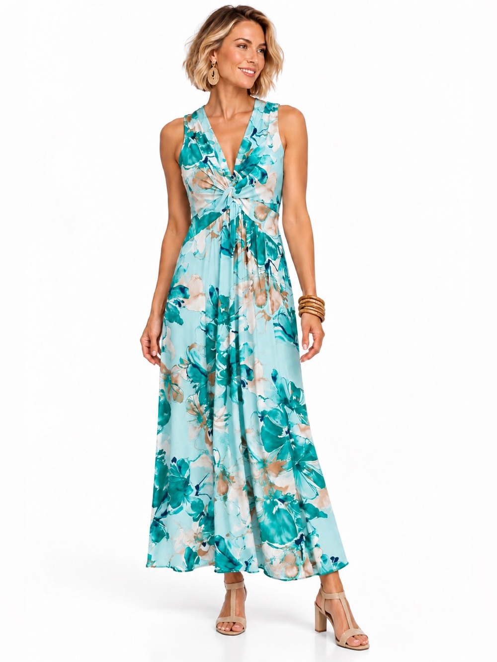 CALVIN KLEIN Twist & Drape Floral Maxi Dress Seaspray Size 6 NWT